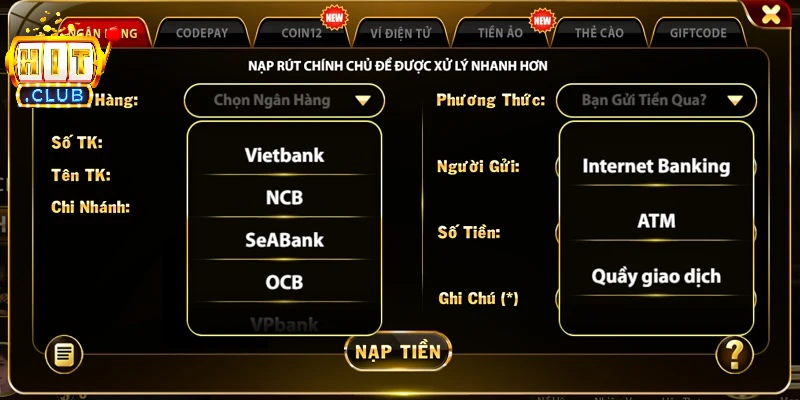 Nạp tiền vào HITCLUB qua chuyển khoản ngân hàng