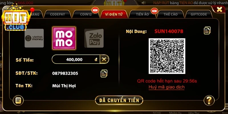Gửi tiền vào HITCLUB dễ dàng bằng ví điện tử Gửi tiền vào HITCLUB dễ dàng bằng ví điện tử